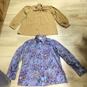 2 Pieces Of Floral Purple Blouse and Tan Bow Blouse